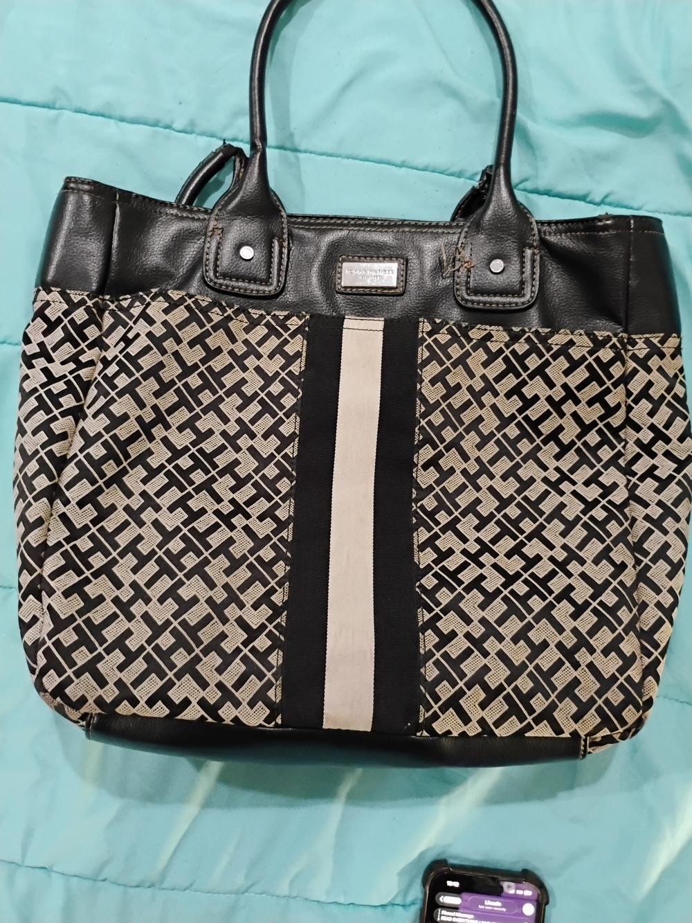 Tommy Hilfiger Black & Cream Patterned Tote with Center Stripe